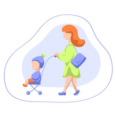 Kadın ve çocuk arabası, düz vektör çizim. Bebekle fitness egzersiz olarak yürüme. Genç Anne için geri şekil için. Mutlu annelik. Yaz etkinliği için küçük bir çocuk. Oturma bebek yürüme