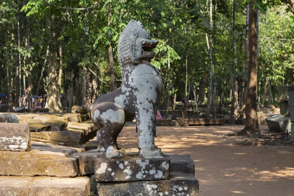 Mossy stone lion statue, Angkor Wat temple complex, Cambodia. Spiritual protector Barong. Ancient temple in Siem Reap. Angkor Wat landscape. Travel and sightseeing in Asia. Tourist place of interest.