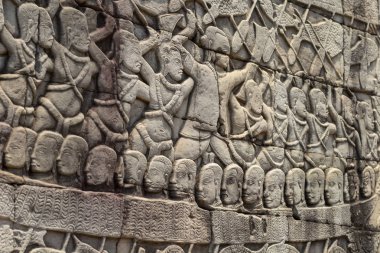 Antik tapınak taş kısma Angkor Wat içinde oyulmuş. Tekne kısma closeup orduda. Angkor Wat karmaşık Bayon tapınak mimarisi ayrıntı. Asya seyahat fotoğraf. Kamboçya'da turizm gezi
