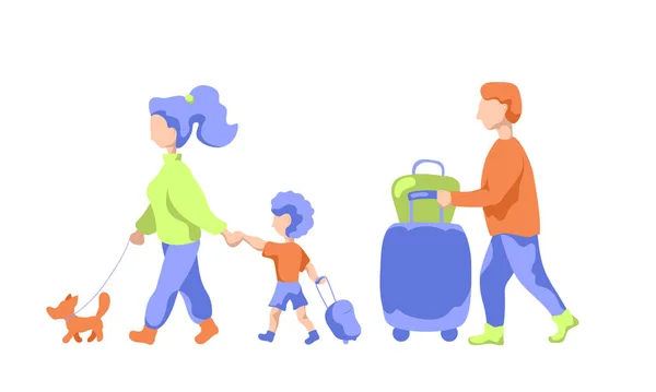 ペットと荷物 フラットのベクトル図と家族を旅行します 家族は夏休みに残して 空港で子供と男女 妻と旅行の子供と夫 空港シーンの分離 — ストックベクタ