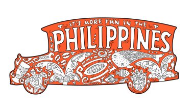 Orange jeepney with philippine ornament. Palm tree, whale shark, mask, turtle, halo-halo. Vector coloring page. Philippines postcard. Polynesian style motif. It's more fun in the Philippines lettering clipart