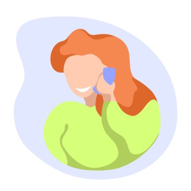 Cep telefonuyla konuşan kız gülümsüyor. Cep telefonu düz vektör kızla. Aramaya cevap. Telefon konuşma genel kavram. Kızıl saçlı kız illüstrasyon. Güzel kız çip sohbet. Telefon çıkıyor. Gayri resmi konuşma