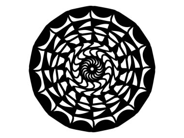 Beyaz arka planda siyah ölçek mandala. Mandala hareket yanılsama vektör ile. Yuvarlak pul şablon. İzole süsleme daire içine alın. Soyut madalyon. Handdrawn mühür veya dövme. Boyama mandala clipart