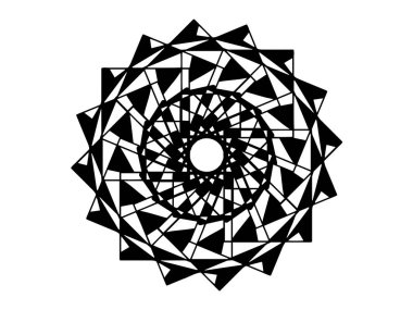 Beyaz arka planda siyah mozaik mandala. Mandala hareket yanılsama vektör ile. Yuvarlak pul şablon. İzole süsleme daire içine alın. Soyut madalyon. Handdrawn mühür veya dövme. Boyama mandala clipart