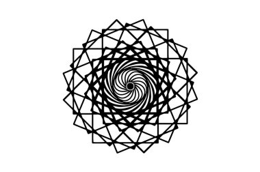 Beyaz arka planda siyah geometrik mandala. Mandala hareket yanılsama vektör ile. Yuvarlak pul şablon. İzole süsleme daire içine alın. Soyut madalyon. Handdrawn mühür veya dövme. Boyama mandala clipart