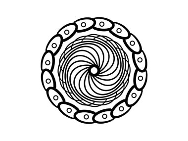 Siyah beyaz arka plan üzerinde mandala merkezli. Basit mandala çizilmiş vektör. Yuvarlak pul şablon. İzole süsleme daire içine alın. Soyut madalyon. Handdrawn mühür veya dövme. Boyama mandala clipart