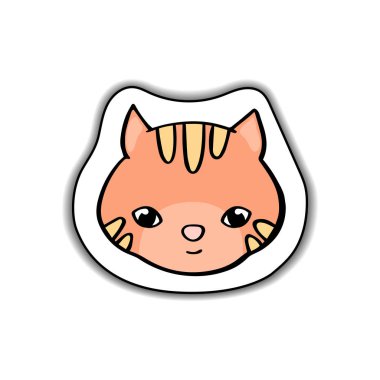 Beyaz arka planda gölge ile sevimli kedi hayvan yüz vektör Sticker. Komik portakal kedicik. Cat karakter logosu. Gülümseyen kedi yavrusu kafası izole. Ev hayvan simgesi. Zencefil kedi handdrawn illüstrasyon