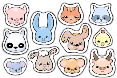 Sevimli hayvan çıkartmaları. Gülümse hayvan kafası vektör klipsi. El yapımı yerli ve vahşi hayvan suratı. Elle çizilmiş karalama çıkartması. Sevimli çocuk odası karakterleri. Tavuk, tavşan, koyun, rakun, panda, domuz izole
