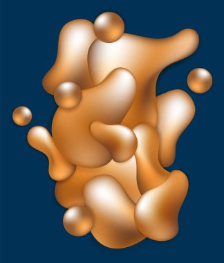 Mavi arka planda altın şekiller. Altın ve mavi vektör soyutlaması. Duvar kağıdı için altın sıvısı bileşimi. Plastik 3D nesne kapağı tasarımı. Fütürist poster. Sıvı altın damla dikey pankart şablonu
