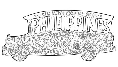 Philippine jeepney with tribal ornament. Palm tree, whale shark, mask, turtle, halo-halo. Vector coloring page. Philippines postcard. Polynesian style motif. Its more fun in the Philippines lettering clipart