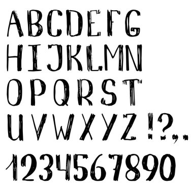 Beyaz arka planda grunge el yazısı mektuplar. İngilizce alfabe vektör harfler. Gayri resmi Vintage yazı seti. Kaba yazı. El yazısı glif. El yazısı izini çizdi. Büyük harfler ve rakamlar