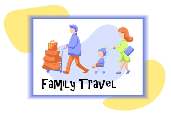 家庭旅行登记在旅行卡上 家庭在旅行平样式向量例证 母亲的父亲和儿子带着行李 爸爸和孩子带着行李旅行 旅行服务横幅模板 — 图库矢量图片