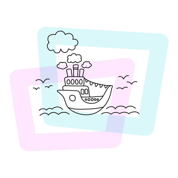 海のベクトル図で船 白い背景の夏のポスター かわいいクルーズライナーの子供のプリント ヴィンテージ船 海の波とカモメと漫画の海の風景 ドードルスタイルの巡洋艦アイコン — ストックベクタ