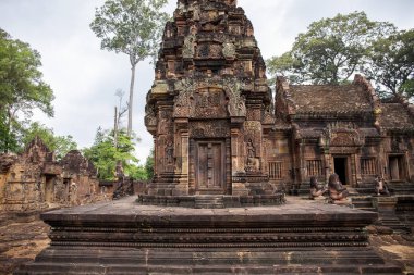 Angkor Wat kompleksi yakınlarındaki Antik tapınak Banteay Srei, Kamboçya. Hindu tapınağına taş oyma dekor. Kamboçya'nın ilgi çekici yeri. Antik khmer mirası. Angkorian tapınak mimarisi. Asya seyahat fotoğrafı