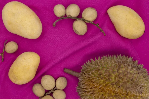 Exotic fruits on pink background. Mango langsat durian flat lay. Exotic fruits banner template with text place. Thailand fruit top view. Whole ripe yellow mango lanzones durian on table