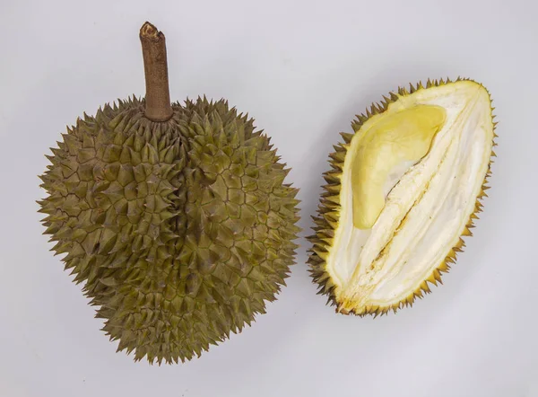 Целый Вырезать Durian Белом Фоне Нарезанный Дуриан Плоский Лежал Баннер — стоковое фото