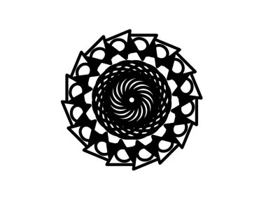 Beyaz arka planda siyah vektör mandala. Geometrik şekilli madalyon. Yuvarlak dekorasyon, fütüristik tarzda. Tek eşmerkezli süs izole edilmiş. Vektör mandala damgası ya da dövme. Renklendirme mandala clipart