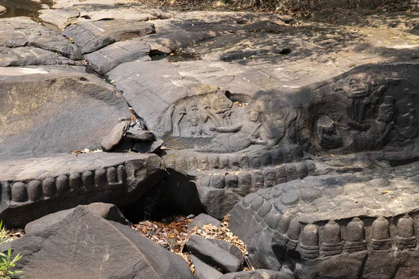 Starověké Kamenný Basreliéf Vzdálený Spean Památník Kambodža Tradiční Khmerské Kameno — Stock fotografie