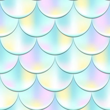 Ölçek holografik etkisi ile seamless modeli deniz kızı ya da balık. Pastel deniz kızı vektör arka plan. Mavi pembe desen renk örneği. 3D balık desen çap. Deniz kızı deri Dikişsiz desen kağıt ambalaj için