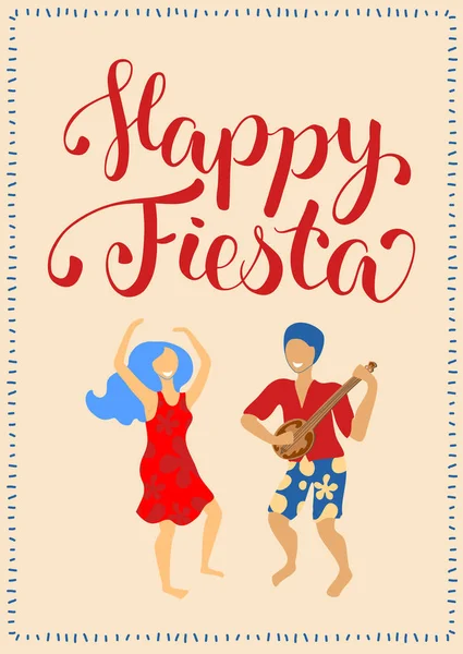 Tarjeta Vertical Happy Fiesta Con Pareja Baile Letras Cartel Mujer — Vector de stock