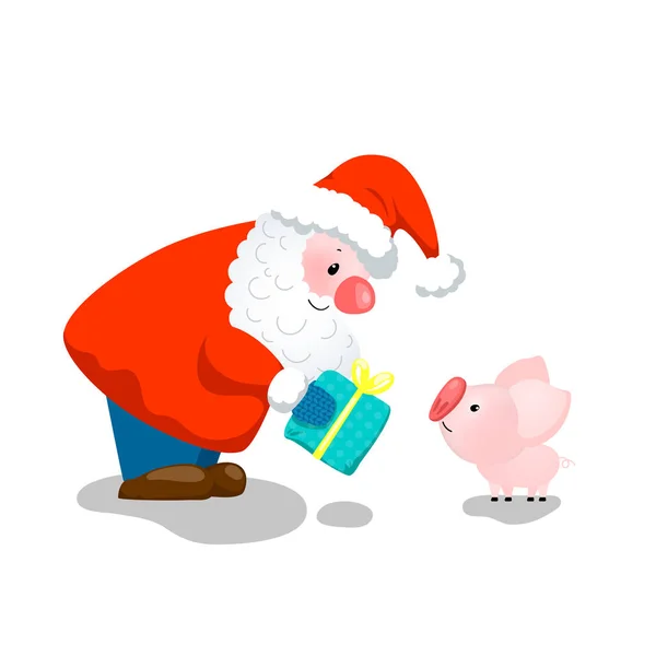 Linda Escena Navidad Santa Claus Presenta Regalo Navidad Cerdito Ilustración — Vector de stock