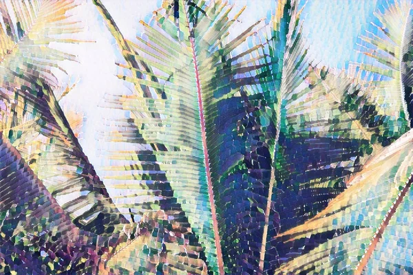 青い空を背景にココ ヤシの葉が描かれています 熱帯の自然のデジタル イラストです エキゾチックな島の風景 緑のヤシの葉のバナーのテンプレートです 晴れた日の熱帯の楽園 夏バケーション カード — ストック写真
