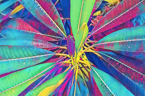 Colorful Leafy Tropical Plant Closeup Decorative Palm Tree Neon Digital — Stock Photo, Image