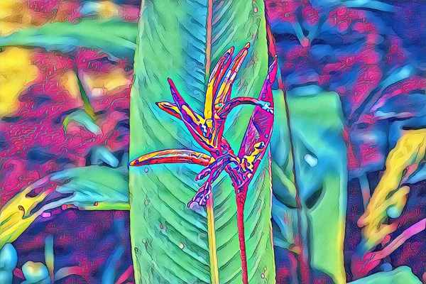背景の葉で南国の花クローズ アップ 色とりどりのサイケデリックなデジタル イラストです 葉極楽鳥花 エキゾチックな花のカード テンプレートです トロピカル ガーデンの詳細 咲く植物 — ストック写真