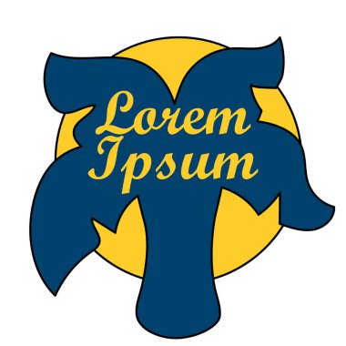 Coco palm ağacı vektör yazdırma. Sarı güneşin üzerinde mavi palmiye ağacı siluet. Retro coco palm ağacı simgesini metin yer ile. Çizgi film tropikal bitki. Egzotik ada doğa komik sembolü. Vintage resort logosu