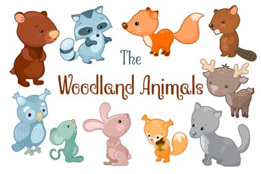 Orman hayvanları beyaz arka planda vektör klipslenir. Ayı, kunduz, tilki, tavşan ve geyiğin şirin çizimleri. Renkli vahşi hayvan etiketi. Çocuk logosu ya da çocuk odası logosu. Bebek hayvanat bahçesi ikonu. Orman doğası