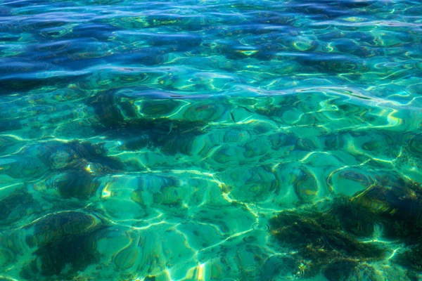 透明な青い熱帯の海の水のテクスチャ 海水のクローズアップ写真 まだ海面だ透明な水の熱帯の海辺 水泳やシュノーケリングのバナーテンプレート 夏休みのコンセプト背景 — ストック写真