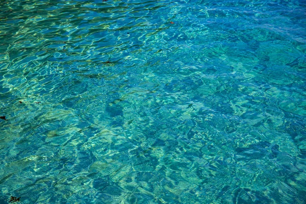 ターコイズブルーの熱帯海の水の質感 海水のクローズアップ写真 牧歌的な海の表面 透明な水の熱帯の海辺 水泳やシュノーケリングのバナーテンプレート 夏休みのコンセプト背景 — ストック写真