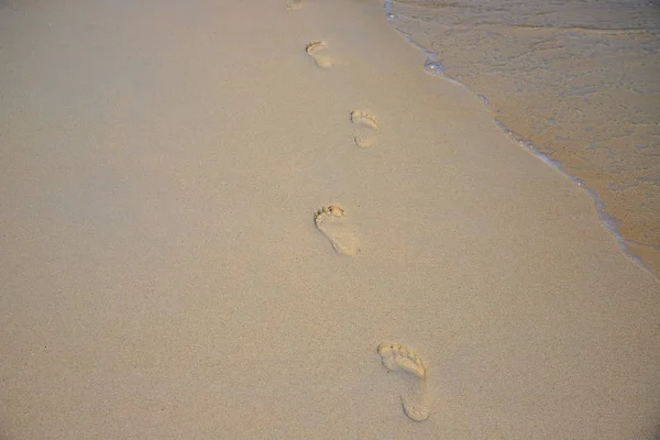 Praia Areia Amarela Com Marcas Degraus Água Mar Viajante Solitário — Fotografia de Stock