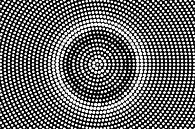 Siyah arka planda beyaz noktalar. Yuvarlak yarım ton vektör dokusu. Merkezi nokta gradyanı. Klasik efekt için tek renk yarım ton örtüsü. Karanlık delikli yüzey. Pop sanat tarzı nokta desen kartı