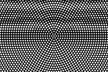 Siyah arka plan üzerine beyaz noktalar. Yuvarlak yarım ton vektör doku. Yatay dotwork gradyan. Tek renkli yarı ton kaplaması için vintage etkisi. Karanlık delikli yüzey. Pop sanat tarzı nokta doku kartı