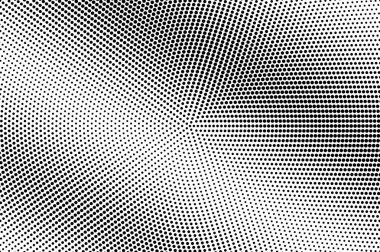 Siyah ve beyaz yarım ton vektörü. Çapraz nokta gradyanı. Klasik merkezli doku. Retro stil, mürekkep nokta süsüyle örtüşüyor. Tek renkli yarım tonlu arka plan. Çizgi film tasarımı için delinmiş yüzey