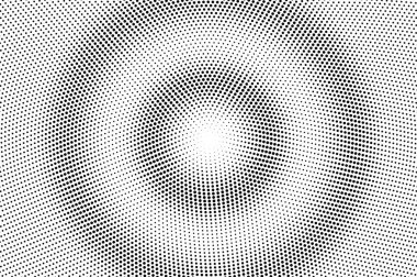 Siyah ve beyaz yarım ton vektörü. Yuvarlak noktalı eğim. Dairesel nokta dokusu. Mürekkep noktalı süsleme ile klasik kaplama. Tek renkli yarım tonlu arka plan. Retro çizgi film tasarımı için delinmiş yüzey
