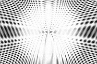 Siyah ve beyaz yarım ton vektörü. Noktalı gradyan. Yuvarlak nokta dokusu. Mürekkep noktalı süsleme ile klasik kaplama. Tek renkli yarım tonlu arka plan. Retro çizgi film tasarımı için delinmiş yüzey