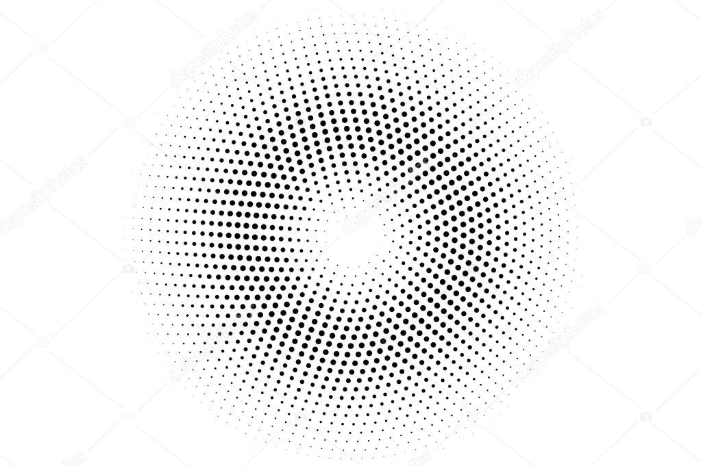 Black and white halftone vector. Centered dotted gradient. Faded circle dotwork surface. Vintage overlay textured with ink dots. Monochrome halftone background. Perforated texture for retro graphic