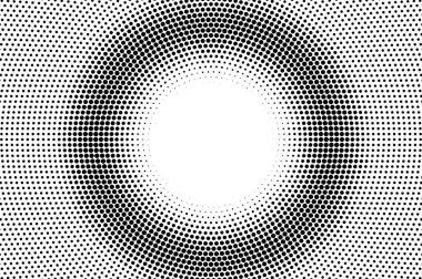 Siyah ve beyaz yarım ton vektörü. Yuvarlak noktalı eğim. Merkezi uzay nokta çalışma yüzeyi. Mürekkep noktalarıyla desenli klasik kaplama. Tek renkli yarım tonlu arka plan. Retro grafik için delinmiş doku