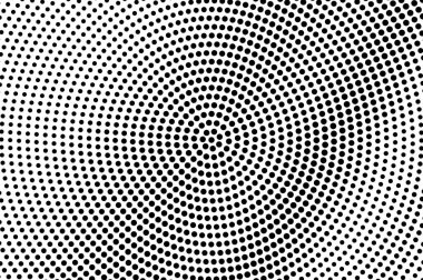Siyah ve beyaz yarım ton vektör dokusu. Yuvarlak noktalı eğim. Dairesel nokta çalışması yüzeyi. Kaliteli efekt deseninde mürekkep noktaları var. Tek renkli yarım tonlu arka plan. Deforme olmuş retro grafik