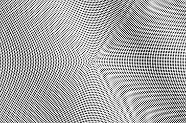 Siyah ve beyaz yarım ton vektör dokusu. Mikro noktalı gradyan. Vintage etkisi için dairesel nokta çalışması yüzeyi. Monokrom yarım ton arkaplan ya da üst kaplama. Deforme olmuş retro tasarım. Mürekkep nokta desen kartı