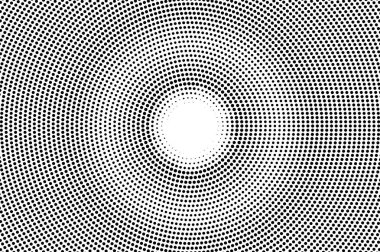 Siyah ve beyaz yarım ton vektör dokusu. Noktalı gradyan. Vintage etkisi için dairesel nokta çalışması yüzeyi. Monokrom yarım ton arkaplan ya da üst kaplama. Deforme olmuş retro tasarım. Mürekkep nokta desen kartı
