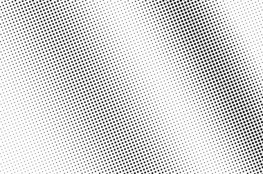 Siyah ve beyaz yarım ton vektör dokusu. Çizgili köşegen gradyanı. Bağbozumu etkisi için kontrastlı nokta çalışması yüzeyi. Monokrom yarım ton kaplama. Geçmiş zamanda delinmiş. Mürekkep nokta desen kartı