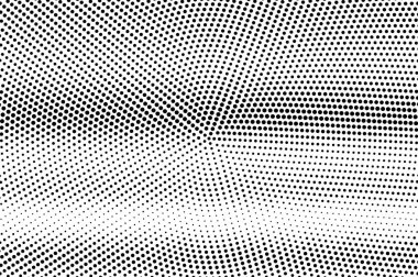Siyah ve beyaz yarım ton vektör dokusu. Pürüzlü yatay nokta gradyanı. Vintage etkisi için merkezli nokta çalışması yüzeyi. Monokrom yarım ton kaplama. Geçmiş zamanda delinmiş. Mürekkep nokta desen kartı