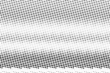 Siyah ve beyaz yarım ton vektör dokusu. Pürüzlü yatay nokta gradyanı. Bağbozumu etkisi için Grunge dotwork yüzeyi. Monokrom yarım ton kaplama. Geçmiş zamanda delinmiş. Mürekkep nokta desen kartı