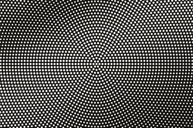 Siyah yarım ton vektör dokusunda beyaz. Sık görülen noktalı gradyan. Vintage etkisi için merkezli nokta çalışması yüzeyi. Monokrom yarım ton kaplama. Geçmiş zamanda delinmiş. Mürekkep nokta desen kartı