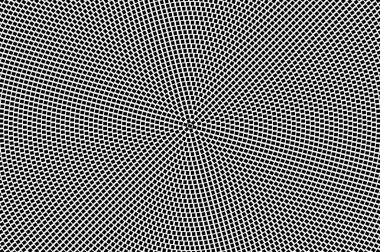 Siyah ve beyaz yarım ton vektör dokusu. Sık görülen merkezli eğim. Eski tarz efektler için koyu dikdörtgen süs. Monokrom yarım ton kaplama. Deforme olmuş retro yüzey. Siyah kare desenli arkaplan