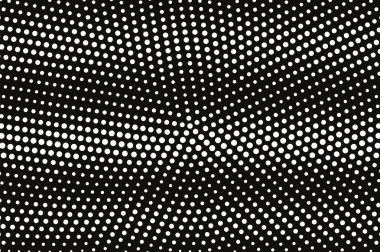 Siyah yarım ton vektör dokusunda beyaz nokta. Noktalı gradyan. Vintage etkisi için pürüzlü bir yüzey. Monokrom yarım ton kaplama. Geçmiş zamanda delinmiş. Mürekkep nokta desen kartı