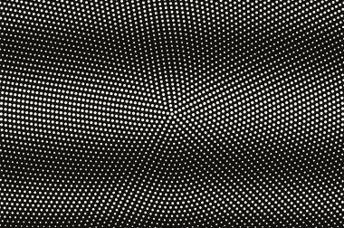 Siyah yarım ton vektör dokusunda beyaz. Pürüzlü yatay nokta gradyanı. Vintage etkisi için merkezli nokta çalışması yüzeyi. Monokrom yarım ton kaplama. Geçmiş zamanda delinmiş. Mürekkep nokta desen kartı